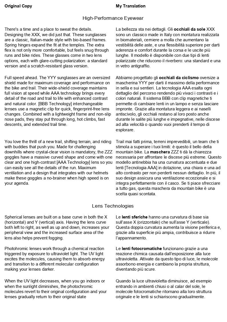 Sports Tech Copy Translation - Performance Eyewear and Lens Technologies